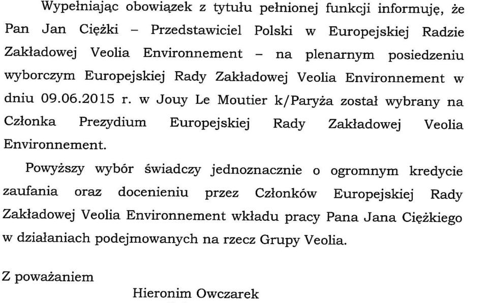 Thumbnail for the post titled: Jan Ciężki Członkiem Prezydium Europejskiej Rady Zakładowej Veolia Environnement