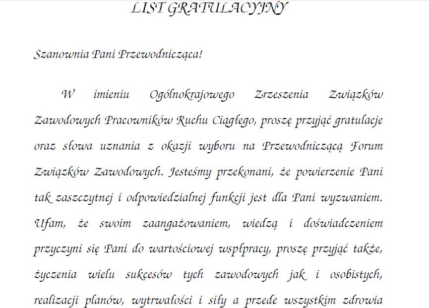 Thumbnail for the post titled: List gratulacyjny do nowej przewodniczącej FZZ